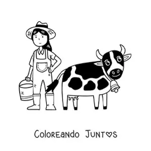 Imagen para colorear de chica granjera kawaii ordeñando una vaca