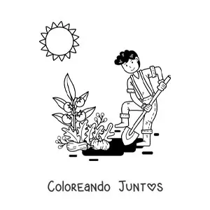 Imagen para colorear de chico granjero kawaii plantando tomates bajo el Sol