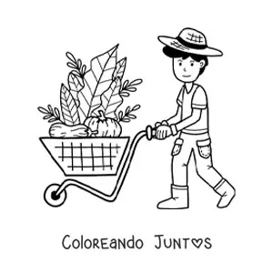 Imagen para colorear de chico granjero kawaii llevando una carreta con vegetales cosechados
