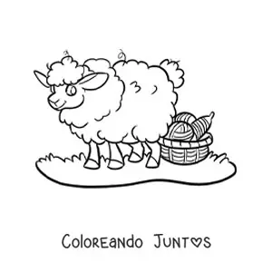 Imagen para colorear de oveja kawaii junto a cesta con lana