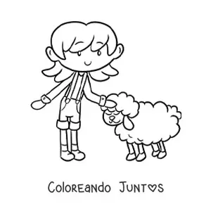 Imagen para colorear de niña granjera kawaii acariciando a una oveja