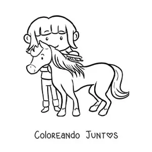 Imagen para colorear de niña granjera kawaii peinando a un pony