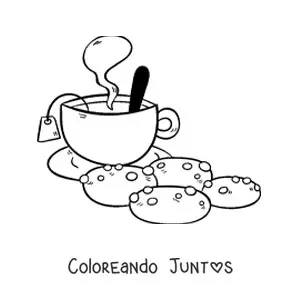 Imagen para colorear de una taza de té humeante con galletas