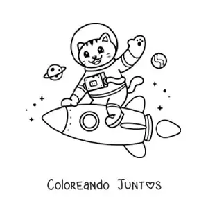 Imagen para colorear de gato astronauta animado kawaii en un cohete en el espacio