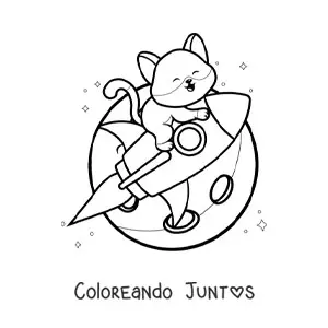 Imagen para colorear de gato animado kawaii en un cohete en el espacio