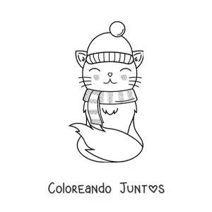 Imagen para colorear de gato kawaii animado con moda de invierno