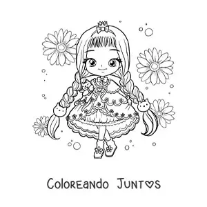 Imagen para colorear de chica fashion chibi con vestido de gatitos kawaii y flores
