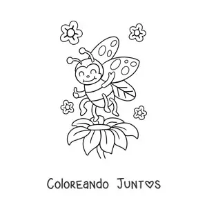 Imagen para colorear de mariquita kawaii y flores