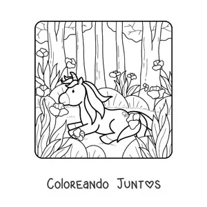 Imagen para colorear de unicornio en bosque de primavera
