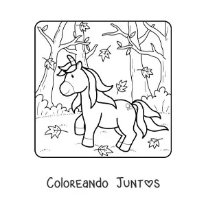 Imagen para colorear de unicornio en bosque de otoño