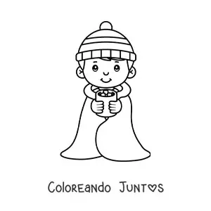 Imagen para colorear de niño kawaii con frío en invierno