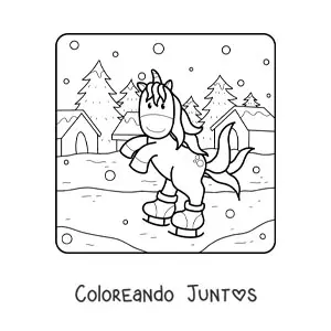Imagen para colorear de unicornio patinando sobre hielo en invierno