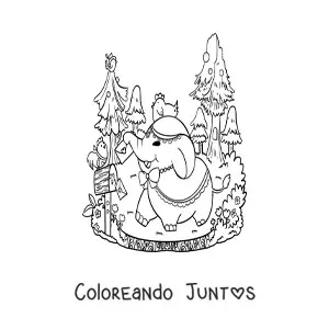 Imagen para colorear de elefante kawaii animado buscando su correo en el bosque
