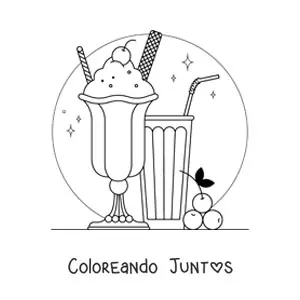 Imagen para colorear de un helado con cerezas y un vaso con popote