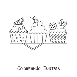 Imagen para colorear de tres cupcakes decorados con limón, cereza y fresa