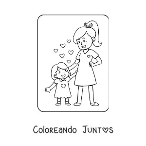 Imagen para colorear de niña kawaii junto a su mamá con corazones