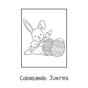 Imagen para colorear de conejo kawaii con huevos de Pascua y pincel