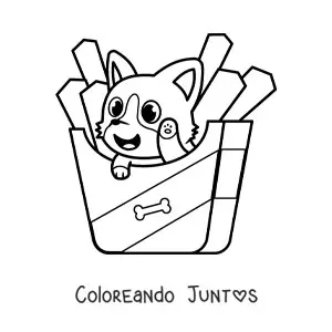 Imagen para colorear de perro kawaii animado con papas fritas