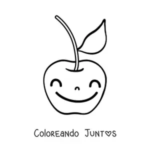 Imagen para colorear una de cereza animada con una gran sonrisa y una hoja