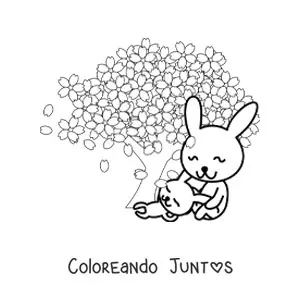 Imagen para colorear de conejos animados junto a árbol de cerezo