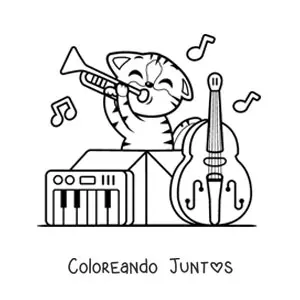 Imagen para colorear de gato kawaii animado tocando instrumentos músicales