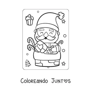Imagen para colorear de Santa Claus kawaii en chimenea con regalos