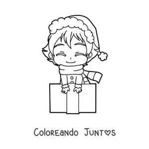 Imagen para colorear de niña kawaii con regalo de Navidad estilo anime