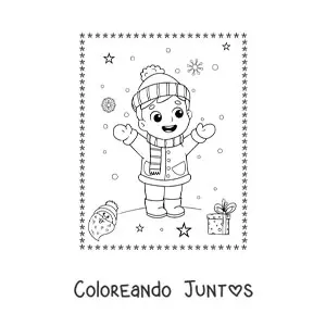 Imagen para colorear de niño jugando en la nieve en Navidad