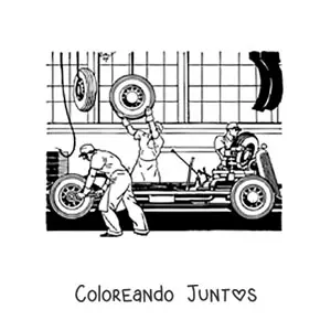 Imagen para colorear de hombres ensamblando un auto en una fábrica
