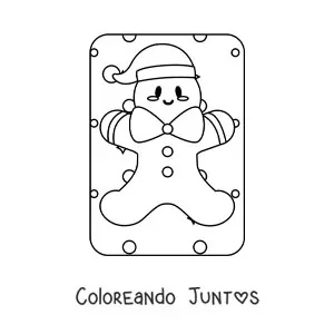 Imagen para colorear de hombre de jengibre kawaii con gorro de Navidad