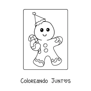 Imagen para colorear de hombre de jengibre animada con bastón de caramelo