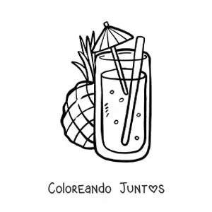 Imagen para colorear de un jugo de piña con sombrilla y una piña al fondo