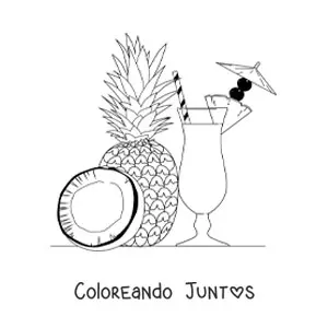 Imagen para colorear de una piña colada con una piña al lado y un trozo de coco