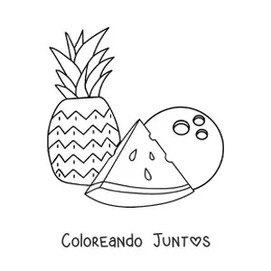 Imagen para colorear de una piña con un trozo de sandía y un coco