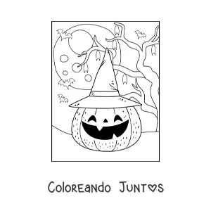 Imagen para colorear de calabaza de Halloween kawaii con sombrero