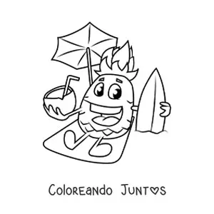 Imagen para colorear de una piña animada en la playa con un coco en la mano