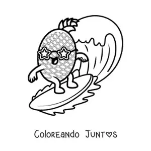 Imagen para colorear de una piña animada surfeando con lentes con forma de estrella