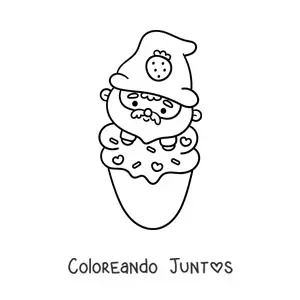 Imagen para colorear de gnomo kawaii sobre un helado de fresa