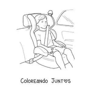 Imagen para colorear de un niño con cinturón de seguridad en el asiento para niños en un auto