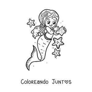 Imagen para colorear de niña sirena kawaii con estrellas de mar