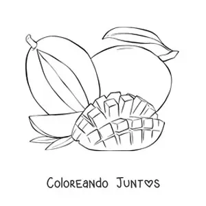 Imagen para colorear de un mango rebanado en cuadros y un mango completo en el fondo