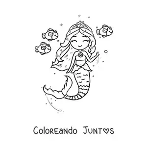 Imagen para colorear de princesa sirena nadando con peces