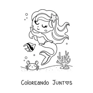 Imagen para colorear de sirena bailando con un pez y un cangrejo