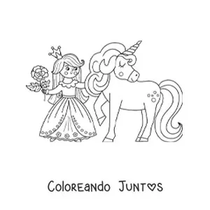 Imagen para colorear de princesa kawaii con unicornio