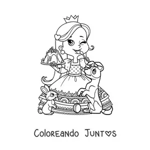 Imagen para colorear de princesa kawaii con postre y mascotas
