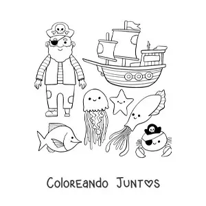 Imagen para colorear de pirata animado con barco y animales