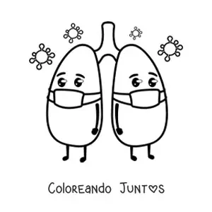 Imagen para colorear de pulmones kawaii animados con tapabocas