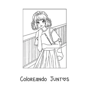 Imagen para colorear de chica anime kawaii en la escuela