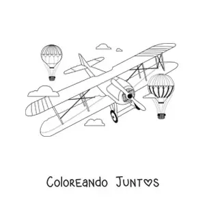 Imagen para colorear de un avión volando con dos globos aerostáticos