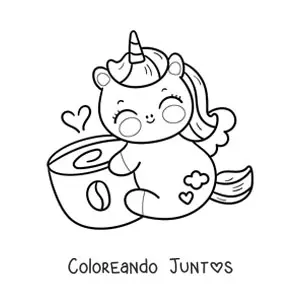 Imagen para colorear de unicornio kawaii animado con una taza de café